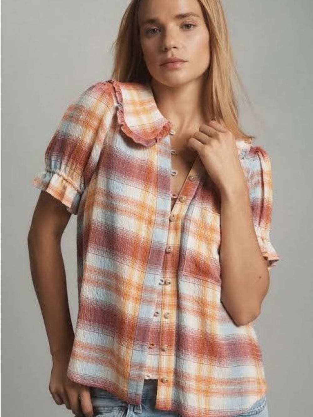 PILCRO The Keira Collared Button-front Blouse By : Plaid Edition
